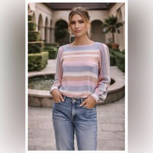 Vintage 70s 80s Sasson Neutral Pastels Striped Blouse 8/9 Hong Kong